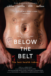Film poster for "Below the Belt'. A woman's exposed midriff is labeled with 6 circles and scars.