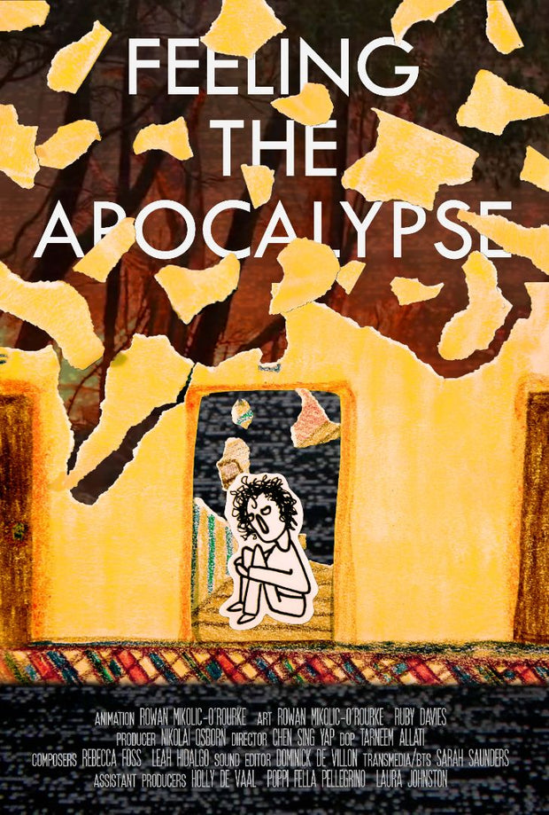 Film poster for "Feeling the Apocalypse". A yellow and brown collage of a person sitting in a house.