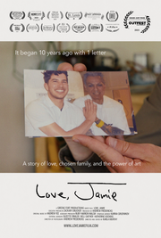 Film Poster for "LOVE, JAMIE". Film laurels with an illustration of a person holding a bird and rainbow.