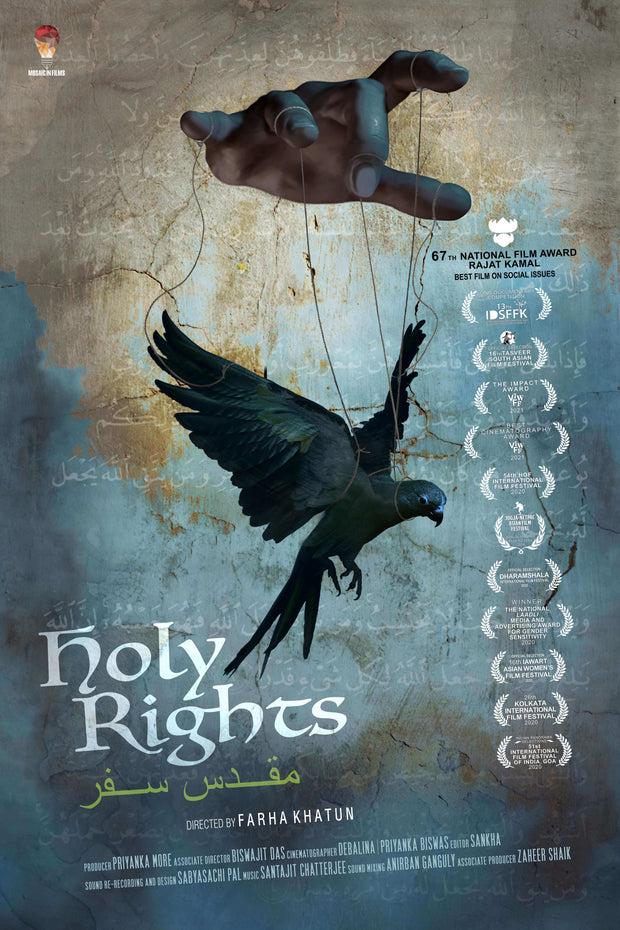 Film Poster for "Holy Rights". A hand plays with strings attached to a bird.