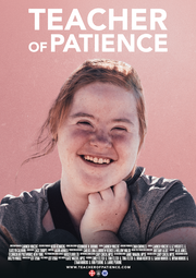 Film poster for "Teacher of Patience" with headshot of girl smiling in front of pink background.