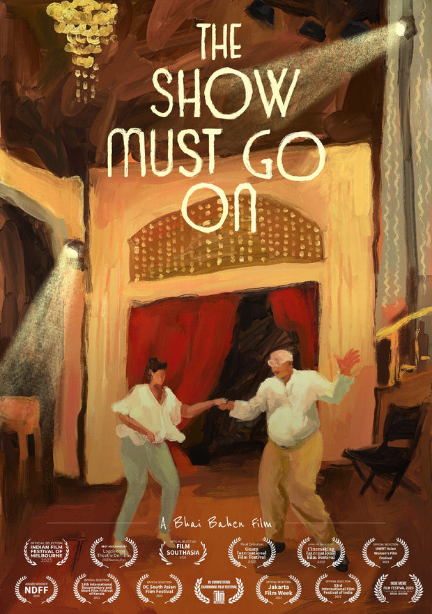 Film poster for "The Show Must Go On" with illustration of old man and woman dancing on ballroom floor.