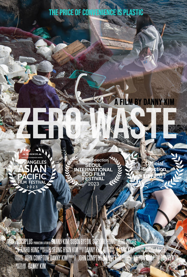 "Zero Waste" Film Poster. Three people stand on a pile of trash near water.