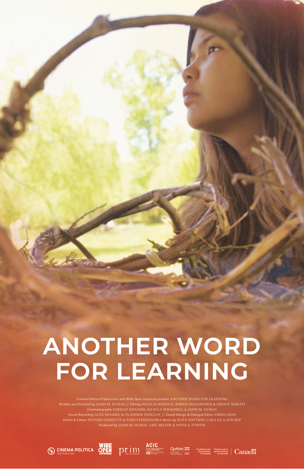 Film poster for "Another Word For Learning" with side profile of girl next to branches.