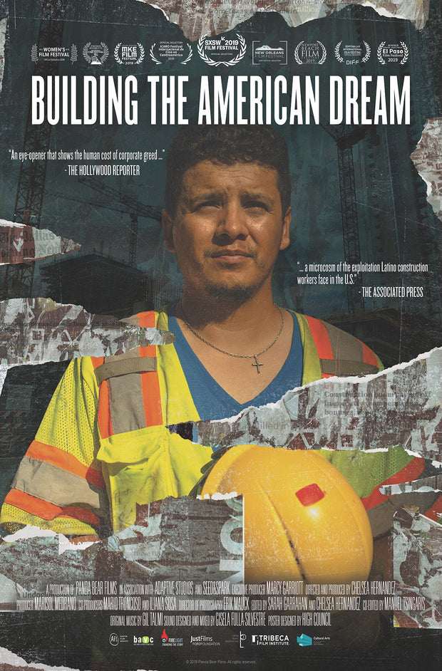 Film poster for "Building The American Dream" with construction worker in middle.