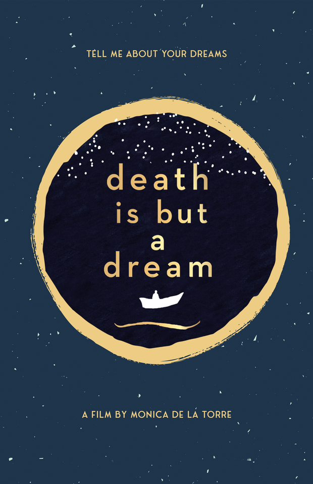 Film poster for "Death Is But A Dream" in dark blue and yellow.
