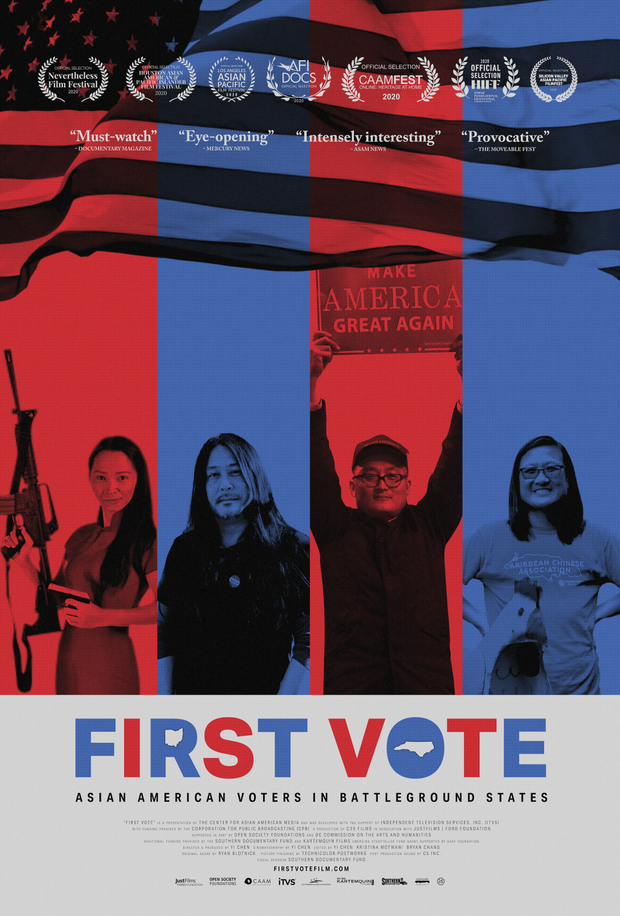 Film poster for "First Vote" with four people in blue and red.