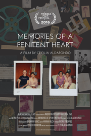 Film poster for "Memories of A Penitent Heart" with collage of tapes, photos, letters, and memorabilia.