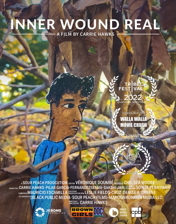 Film poster for "Inner Wound Real" with drawing of man in pile of leaves.