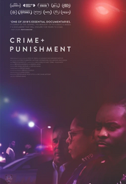 Film poster for "Crime + Punishment" in red and blue with three people in bottom right corner.