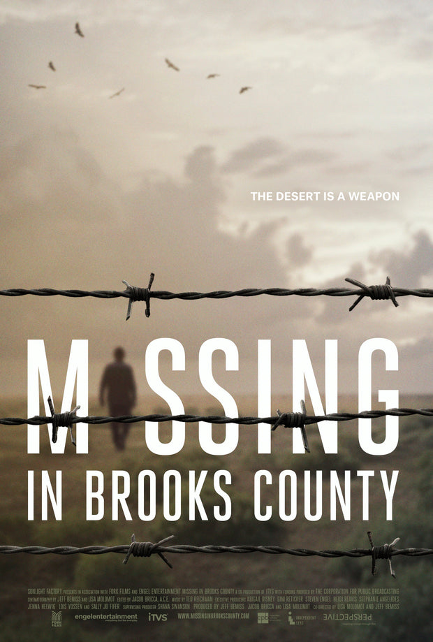 Film poster for "Missing In Brooks County" with close up of barbed wire and man in distance.