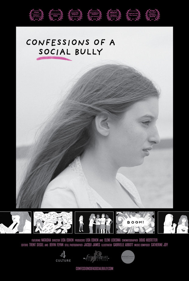 Film poster for "Confessions of a Social Bully" with girl in middle in black and white.
