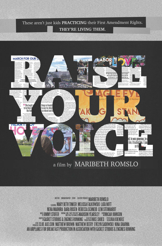 Flim poster for "Raise Your Voice" with news and letters in black and gray background.