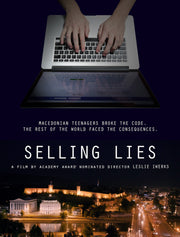Film poster for "Selling Lies" with person typing on laptop and city skyline.