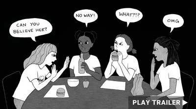 Trailer for documentary "Confessions of a Social Bully" directed by Lisa Cohen. Illustration of four girls talking at table in black and white. https://vimeo.com/546109512
