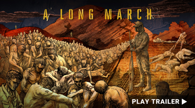 Trailer for documentary "A Long March" directed by T.S. Botkin. Illustration of soldier overlooking people sitting down with their heads down. https://vimeo.com/779367395