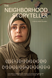Film poster for “THE NEIGHBORHOOD STORYTELLER”. A woman looks to the side, a solemn look on her face.