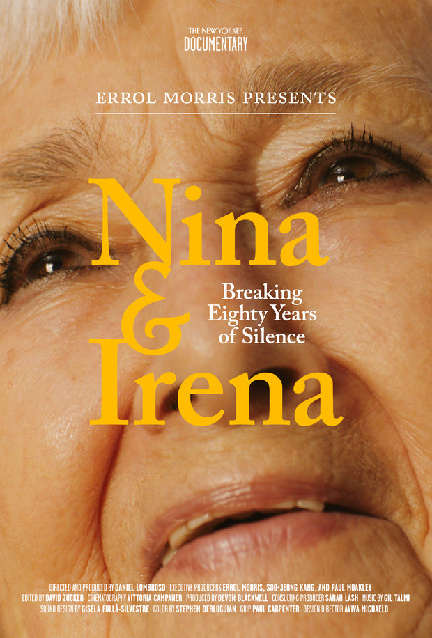Film Poster for "Nina & Irena". A close-up of an older woman in an emotional state.