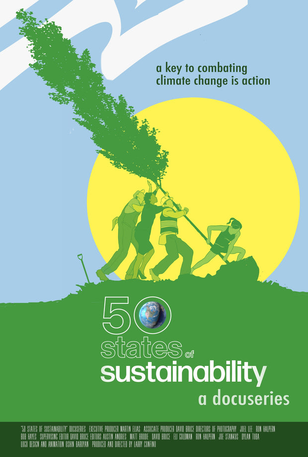 Film poster for “50 States of Sustainability." A group of animated people holding up a tree. 