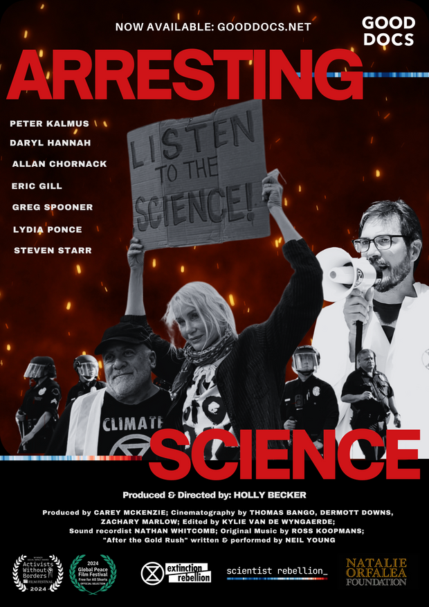 Film poster for "Arresting Science" with images of a protest, and a man holding a megaphone.