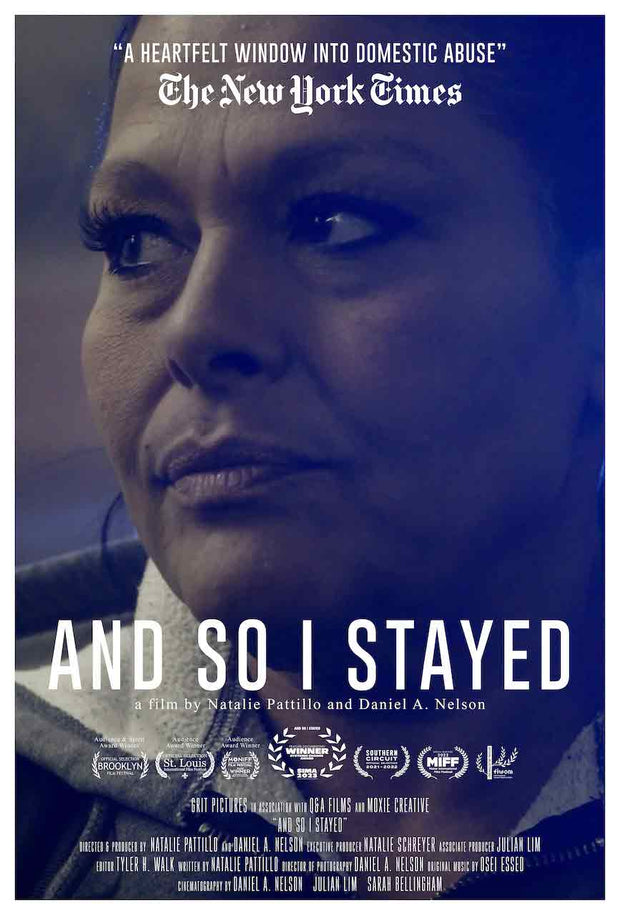Film poster for "And So I Stayed" with close up of woman looking away.
