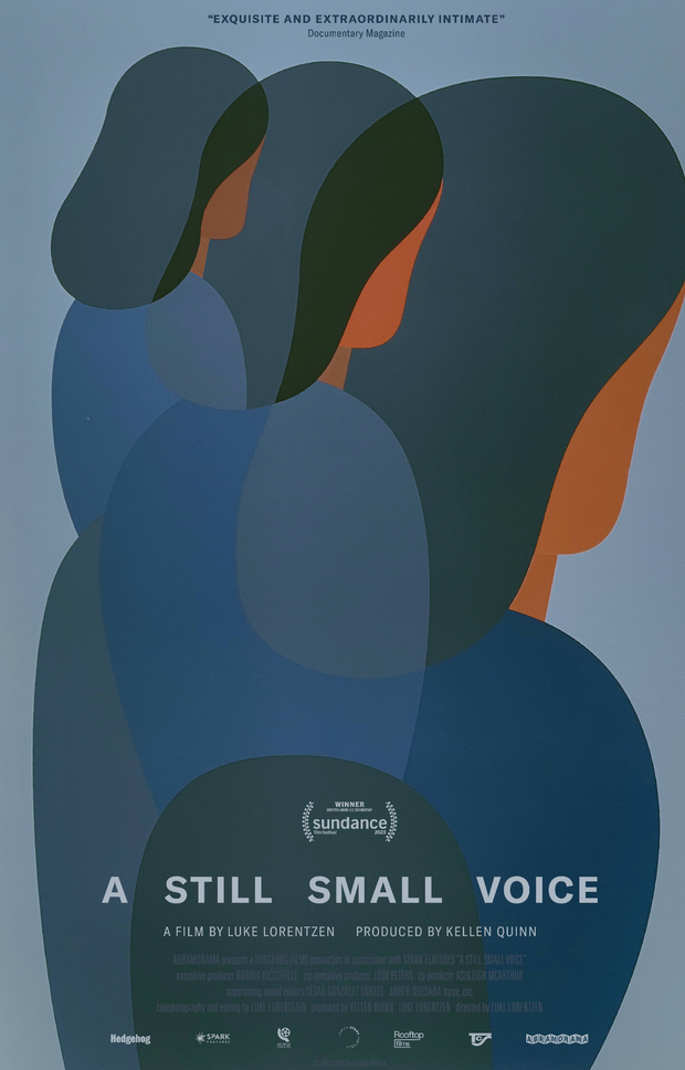 Film poster for "A STILL SMALL VOICE". Art with three women. 