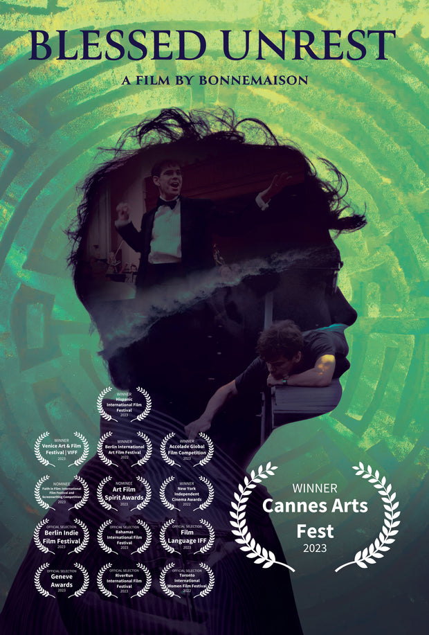 Film Poster for "Blessed Unrest". The silhouette of a man against a green background.