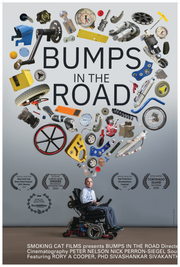 Film poster for "Bumps in the Road'>" Various objects and a person in a wheelchair.