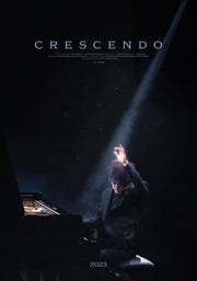 Film poster for "Crescendo" with young man playing piano in spotlight.