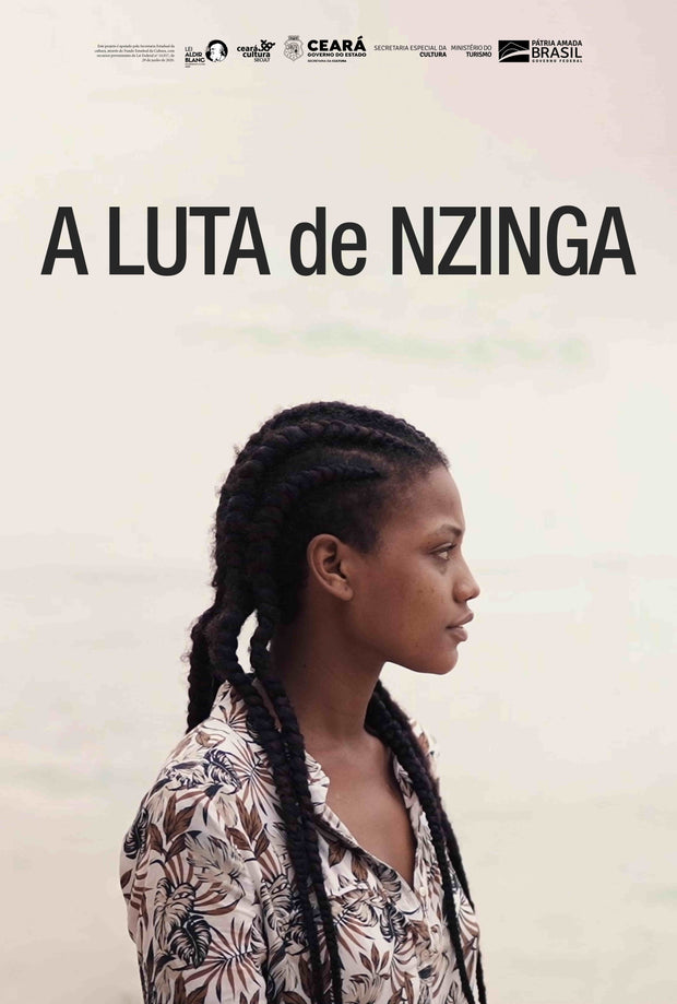 Film poster for "Nzinga's Struggle" with side profile of African woman on white backdrop.