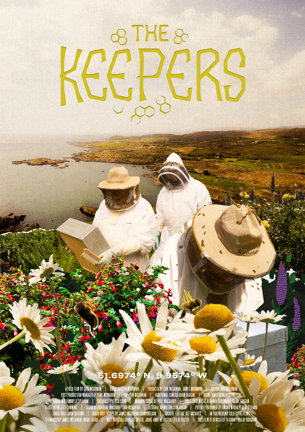 Film poster for "The Keepers." Three beekeepers surrounded by white flowers. 