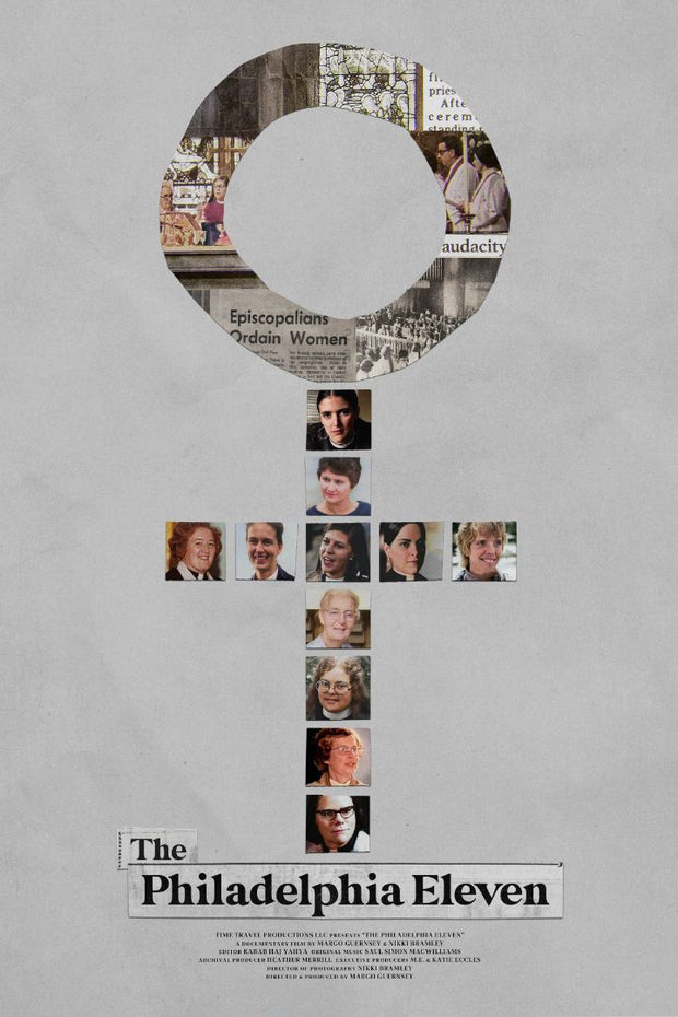 Film poster for "The Philadelphia Eleven". In the form of a female gender symbol, a collage of images of women.