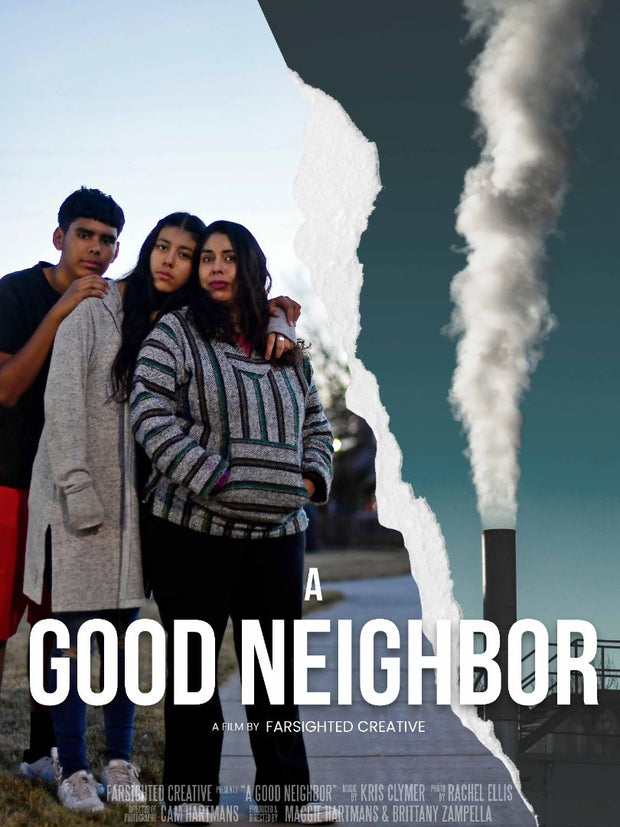 Film Poster for "A Good Neighbor". A group of three teenagers embrace while pollution emits from a factory.