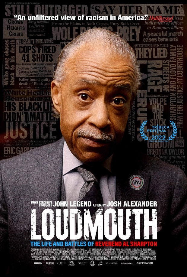 Film poster for "LOUDMOUTH". A man stares into the camera, with headlines in the backdrop.