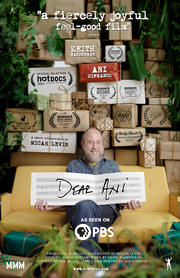  Film poster for "DEAR ANI". Close-up of a man wearing a collage with people and a musical instrument.