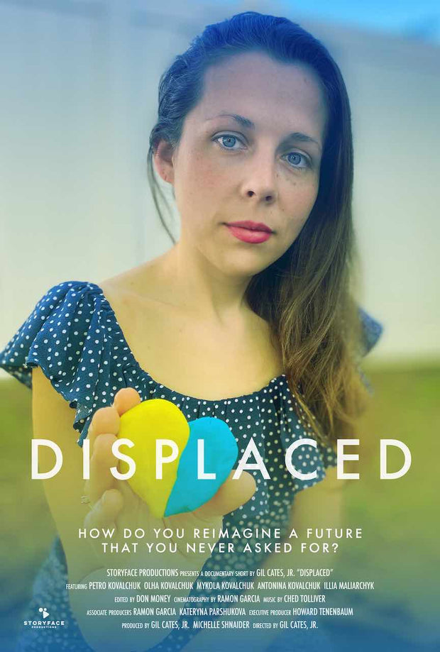 Film poster for "Displaced" with woman holding a blue and yellow heart.