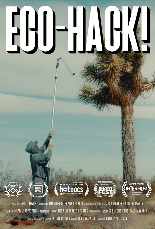 Film poster for "ECO-HACK!". A man stands with a fishing rod.