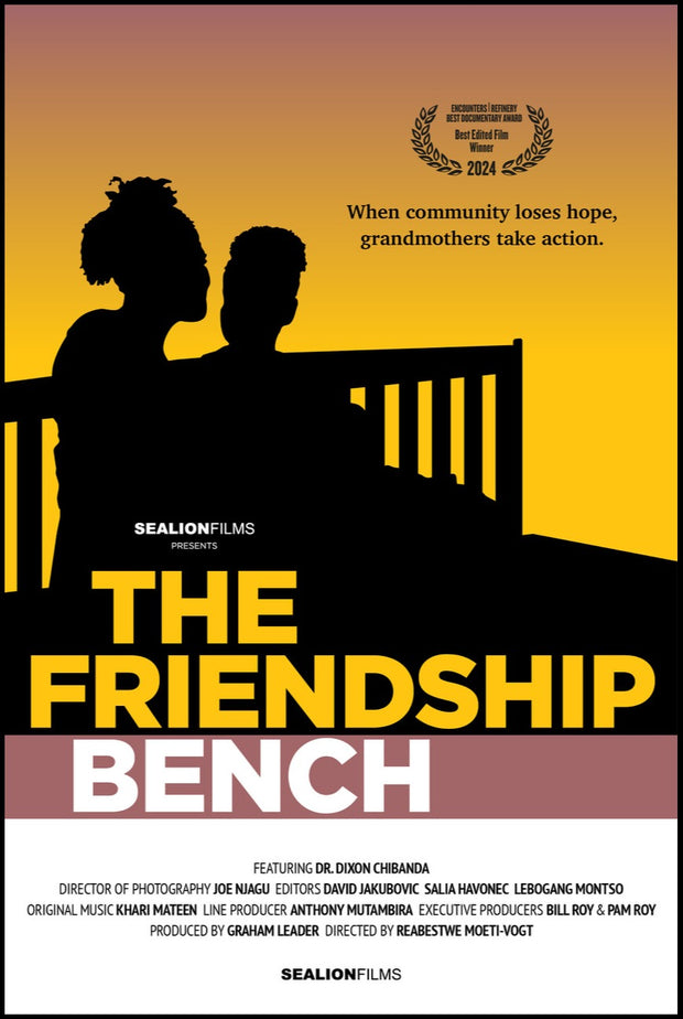 Film poster for "THE FRIENDSHIP BENCH". Two people are sitting on a bench.