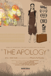 Film poster for "THE APOLOGY". In the drawing, a girl is standing with a suitcase, and behind her is a burning house.