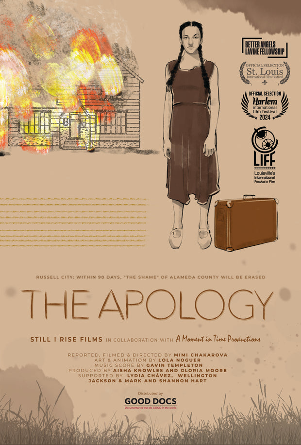 Film poster for "THE APOLOGY". In the drawing, a girl is standing with a suitcase, and behind her is a burning house.