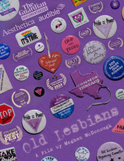 Film poster for "Old Lesbians" with circle pins on purple background.