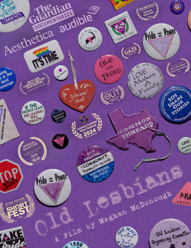 Film poster for "Old Lesbians" with circle pins on purple background.