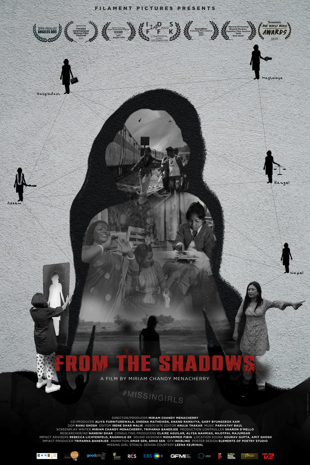 Film poster for “FROM THE SHADOWS". In black and white, images of girls form the shadow of a girl with the title in red.