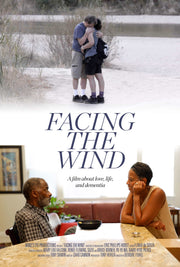 Film poster for "Facing the Wind" with man hugging woman on beach and a man and woman having a conversation in the kitchen.