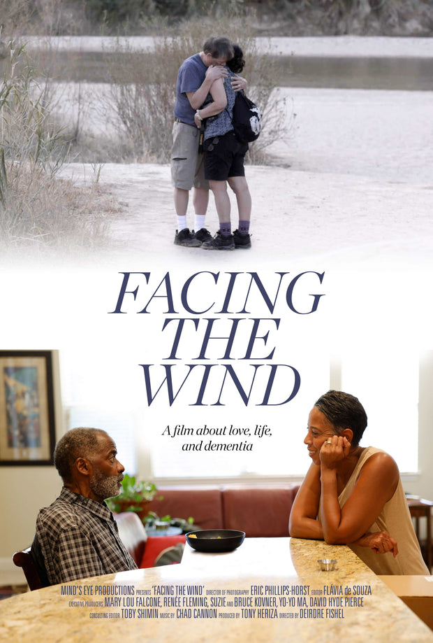 Film poster for "Facing the Wind" with man hugging woman on beach and a man and woman having a conversation in the kitchen.