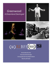 Film Poster for "Greenwood: A Dreamland Destroyed" with four quadrants. Three of the quadrants have images and one of the quadrants is the film title on a purple background