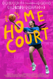 Film poster for Home Court. A woman holding a basketball with pink background.