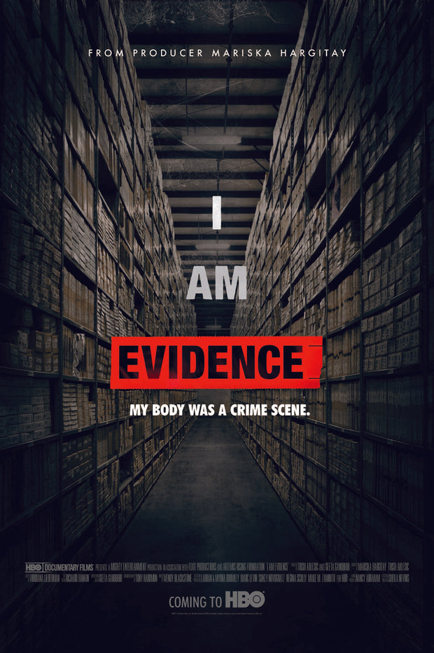 Film poster for “I AM EVIDENCE”. The title of the film on the background of the composition.