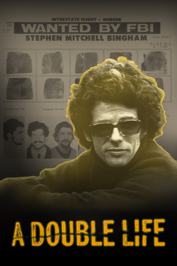 Film poster for "A Double Life" with black and white image of man with curly hair and shades outlined in yellow.