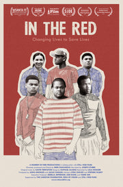 Film poster for "In the Red" with a group of teenagers and a reck background. 